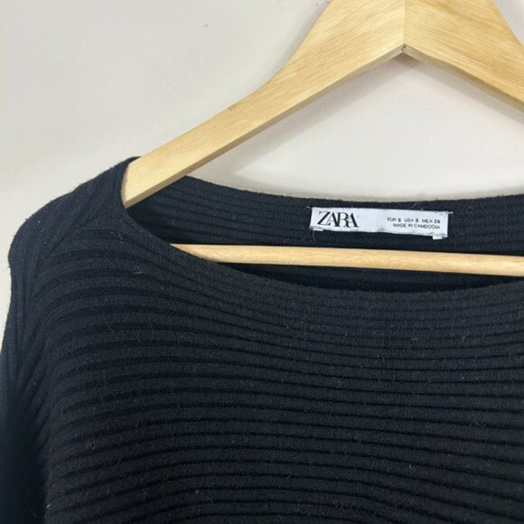 ZARA Crop Ribbed Black Sweater Dolman Sleeves S - Picture 4 of 5